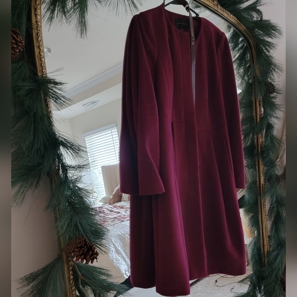 Wine Red / Burgundy Ann Taylor Long Pleated Wool Dress Coat - Women's Size 6 - Picture 11 of 12